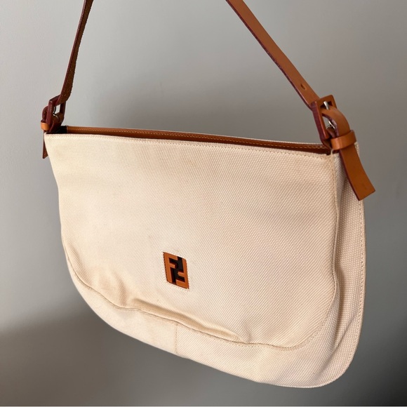 AUTHENTIC FENDI NATURAL CANVAS HOBO SHOULDER BAG WITH LEATHER TRIM, ITALY - Picture 3 of 9